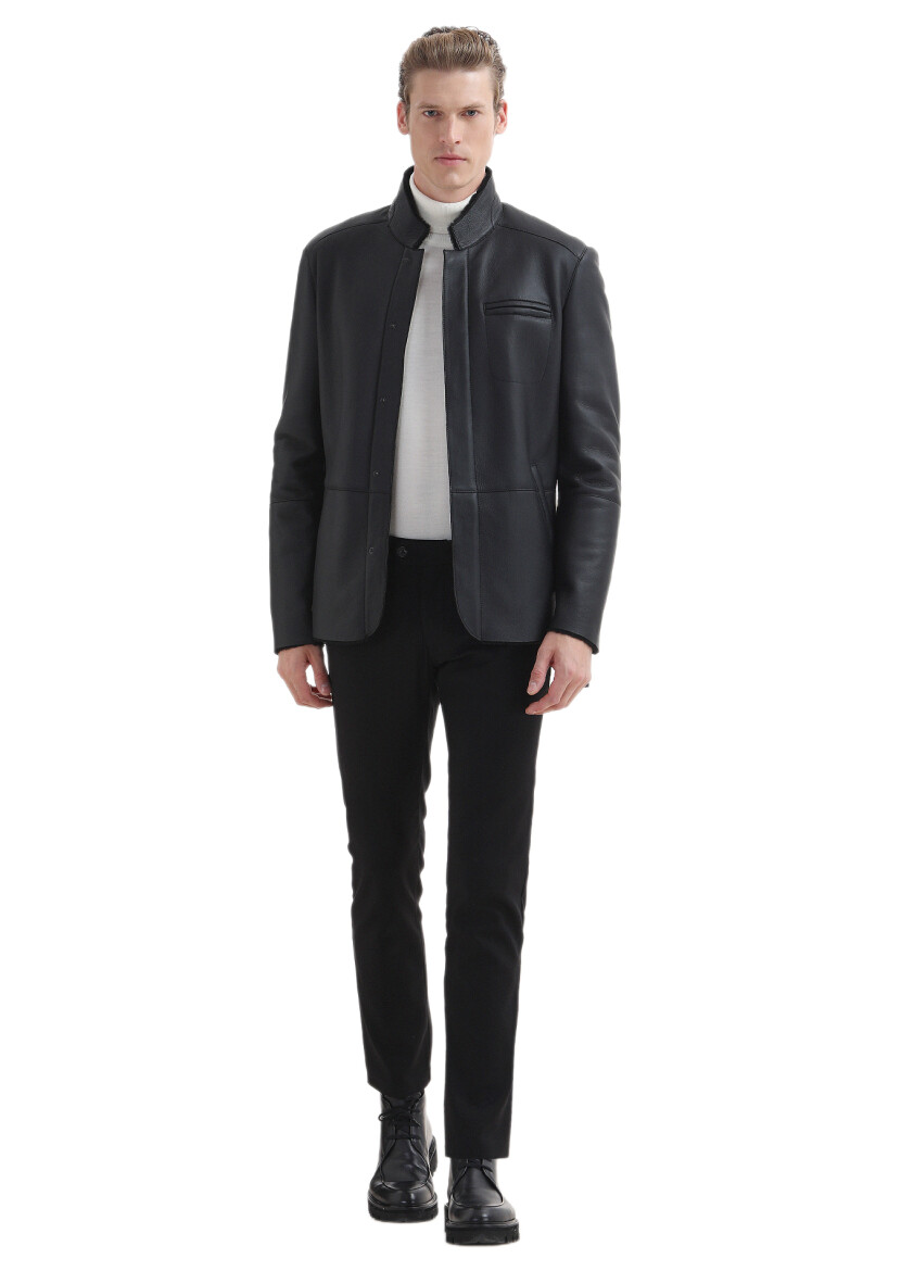Black Weaving Slim Fit Casual Cotton Blended Trousers 