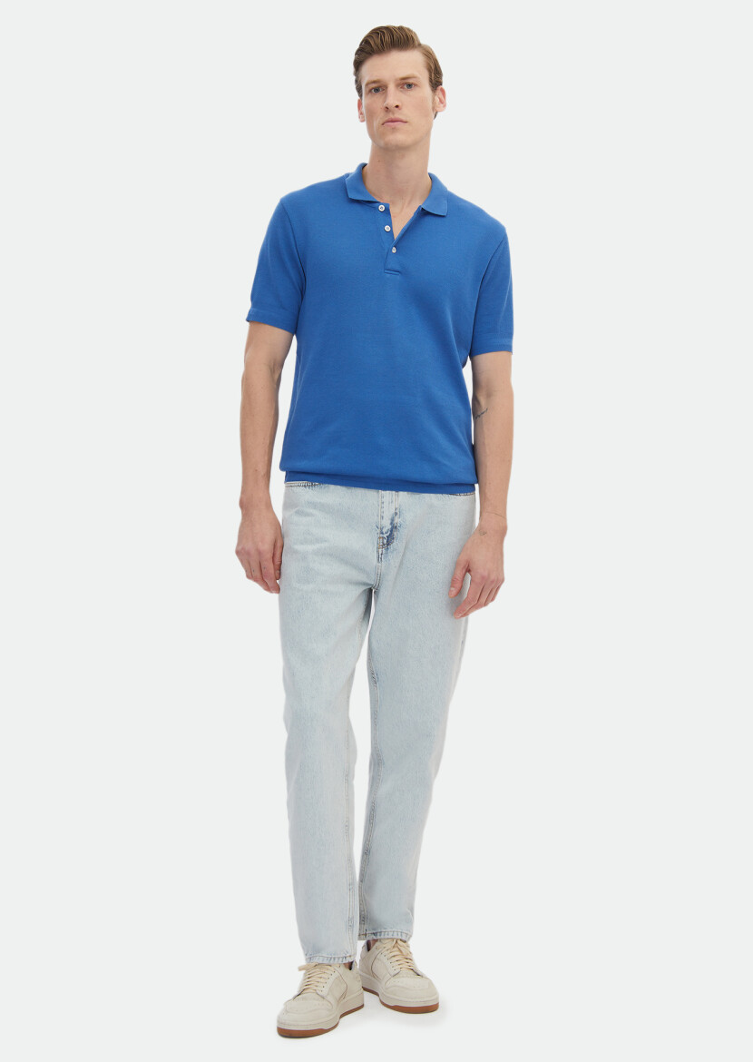 Blue Jacquard Polo Neck 100% Cotton T-Shirt 