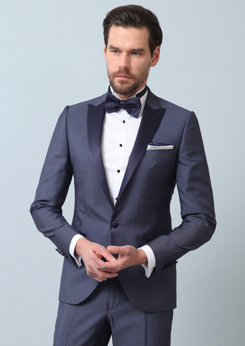 Blue Patterned Slim Shawl Collar Weaving Tuxedo - RAMSEY