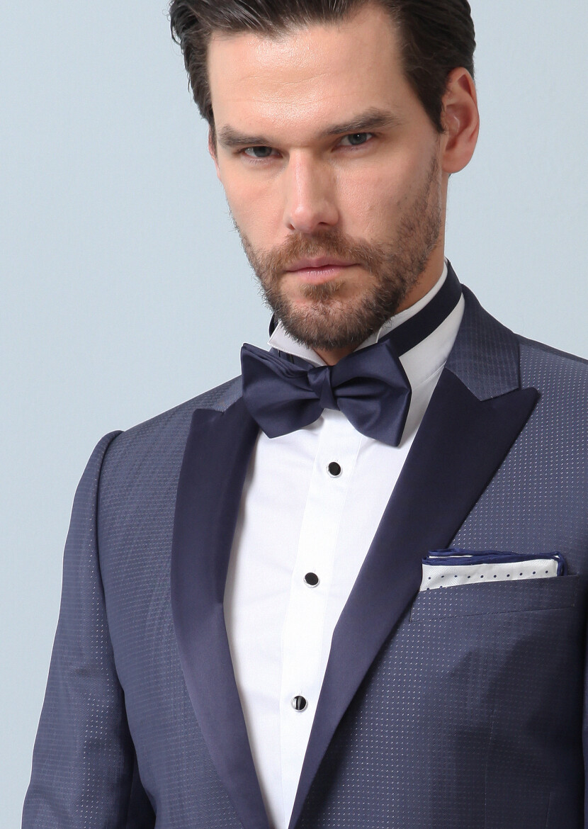 Blue Patterned Slim Shawl Collar Weaving Tuxedo - RAMSEY