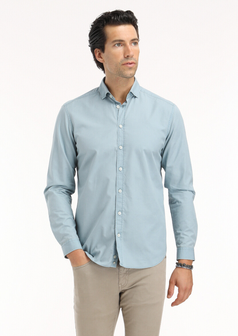 Blue Plain Regular Fit Weaving Casual 100% Cotton Shirt 