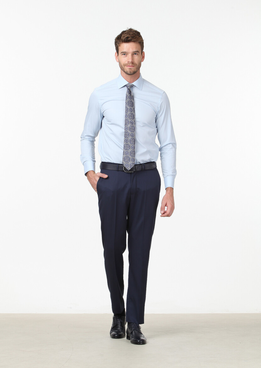 Blue Plain Regular Fit Weaving Classical Cotton Blended Shirt 
