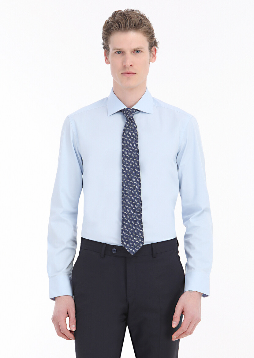Blue Plain Regular Fit Weaving Classical Cotton Blended Shirt 