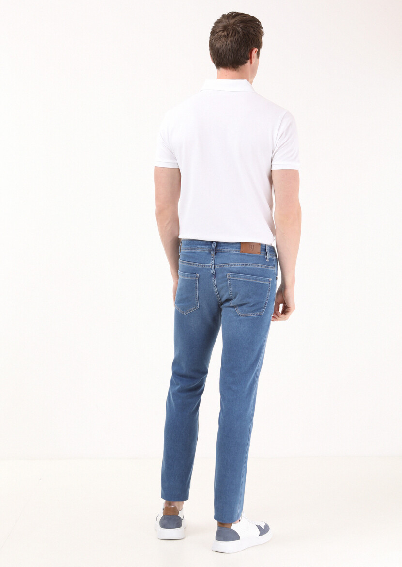 Blue Slim Fit Denim Cotton Blended Trousers - 4