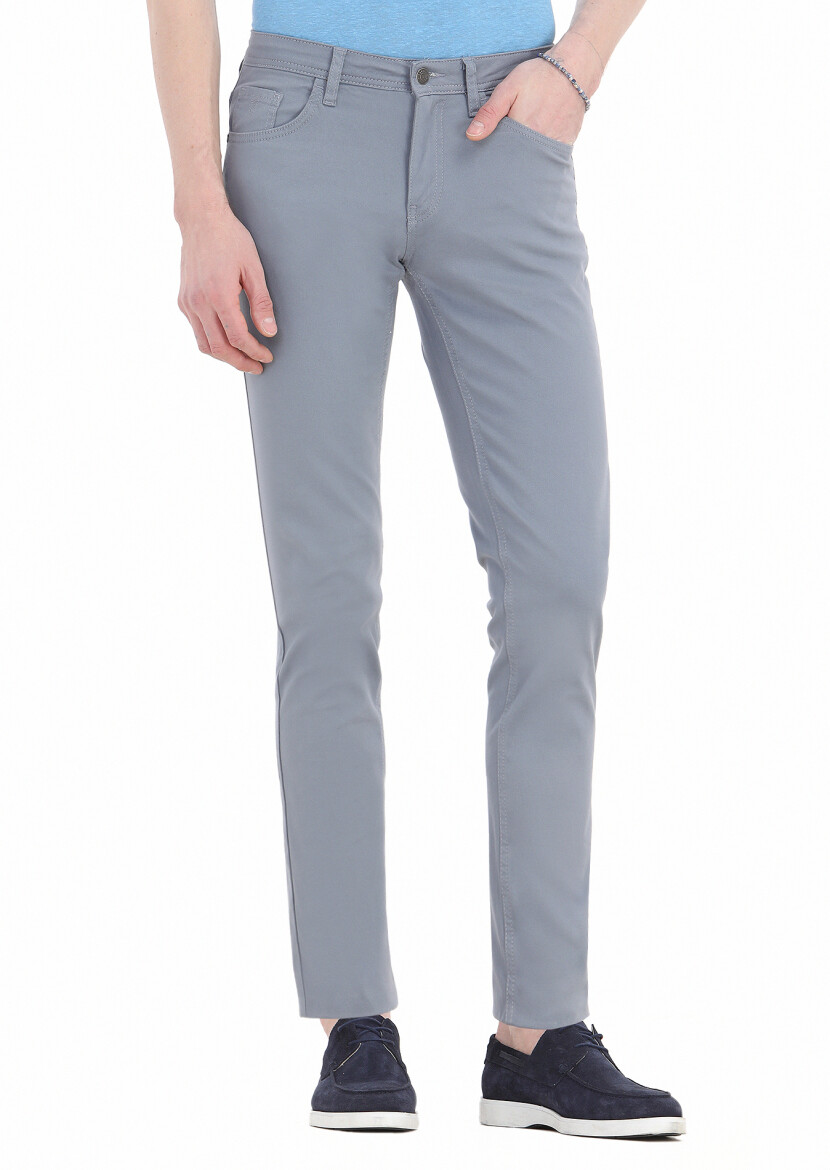 Blue Weaving Slim Fit Casual Cotton Blended Trousers 