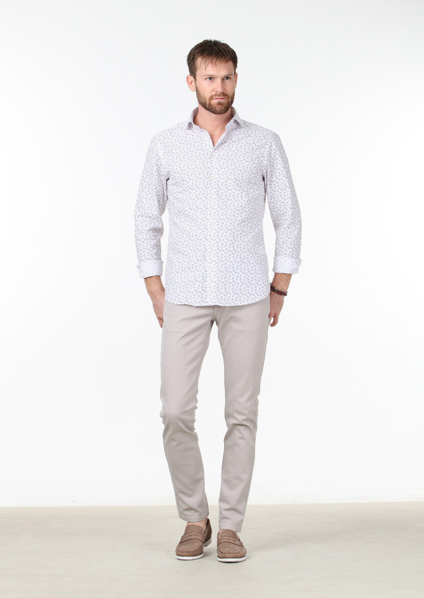 Bordo Baskılı Slim Fit Dokuma Casual %100 Pamuk Gömlek 