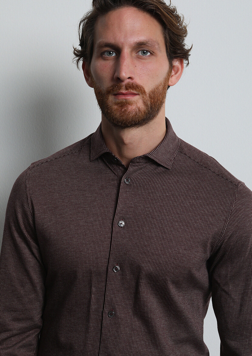 Bordo Çizgili Slim Fit Casual %100 Pamuk Gömlek 