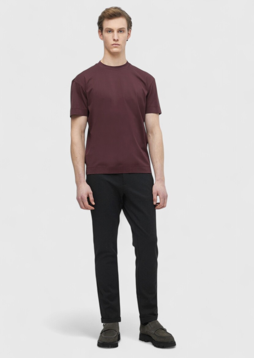 Bordo Düz Bisiklet Yaka %100 Pamuk T-Shirt 