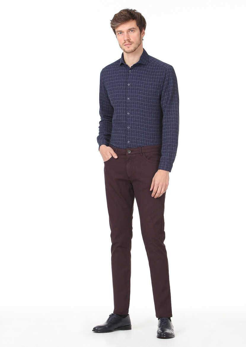 Bordo Düz Dokuma Slim Fit Casual Pamuk Karışımlı Pantolon - 2