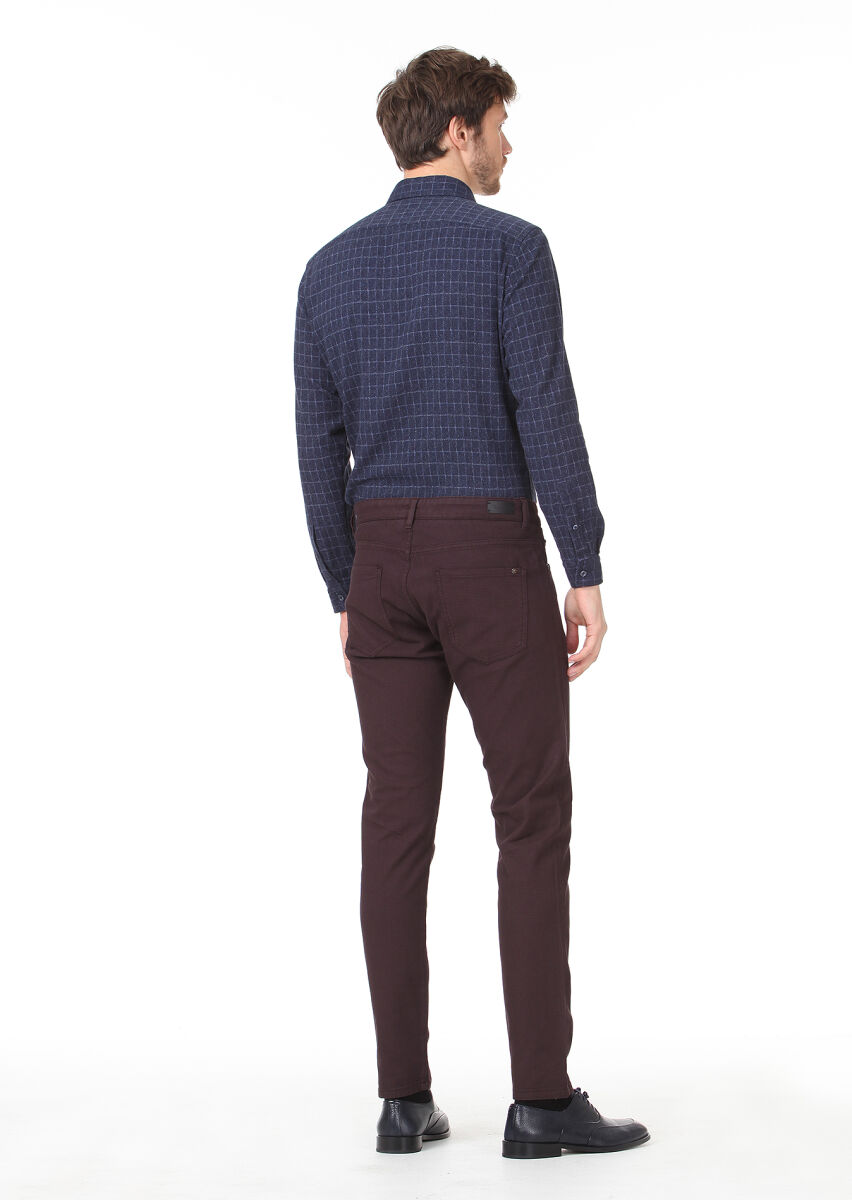 Bordo Düz Dokuma Slim Fit Casual Pamuk Karışımlı Pantolon - 4