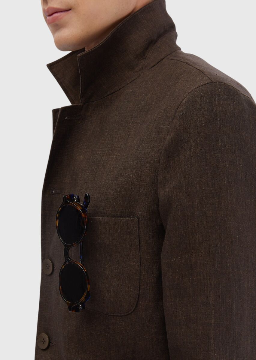 Brown Plain Shirt Shoulder Slim Fit 100% Linen Jacket - 4