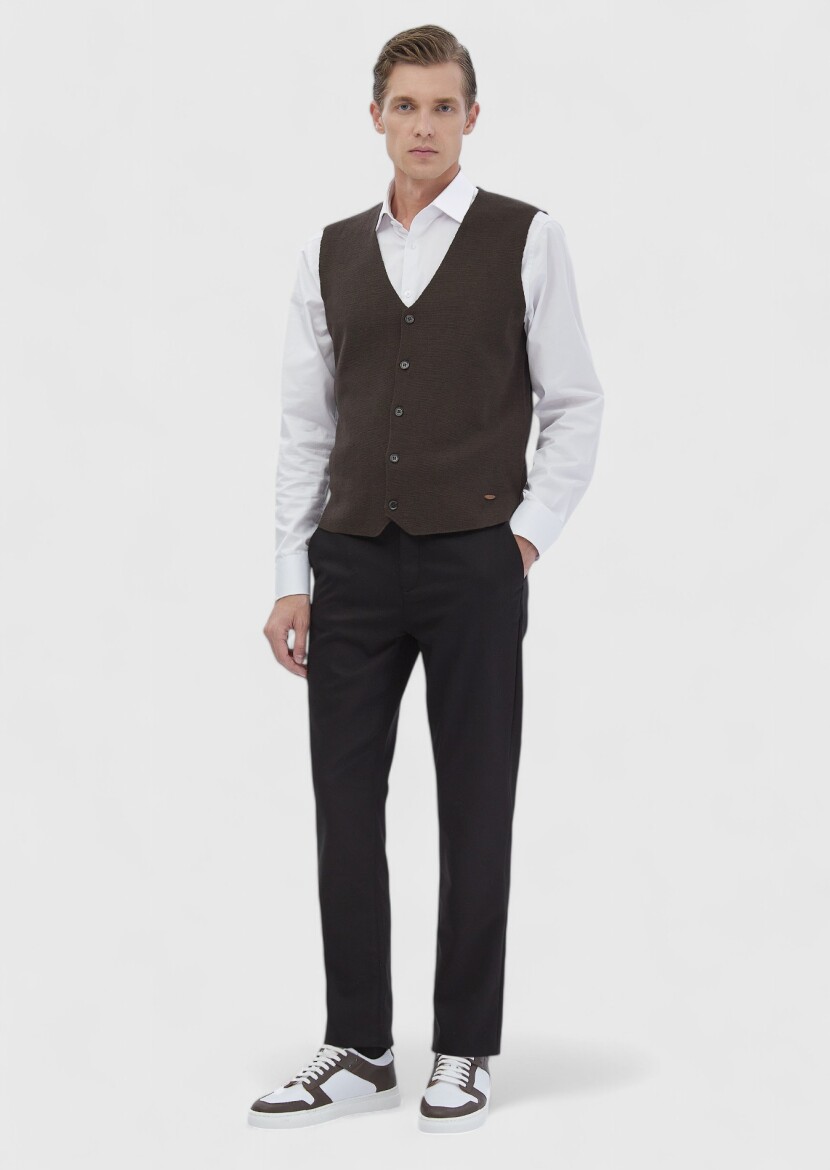 Brown Regular Fit V-Neck Casual Knitting Knit Vest - RAMSEY