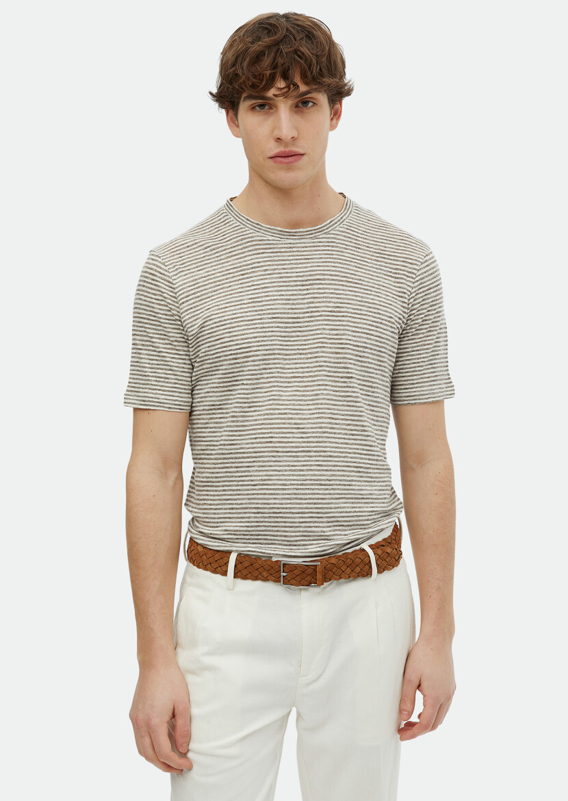 Brown Striped Crew Neck 100% Linen T-Shirt - RAMSEY