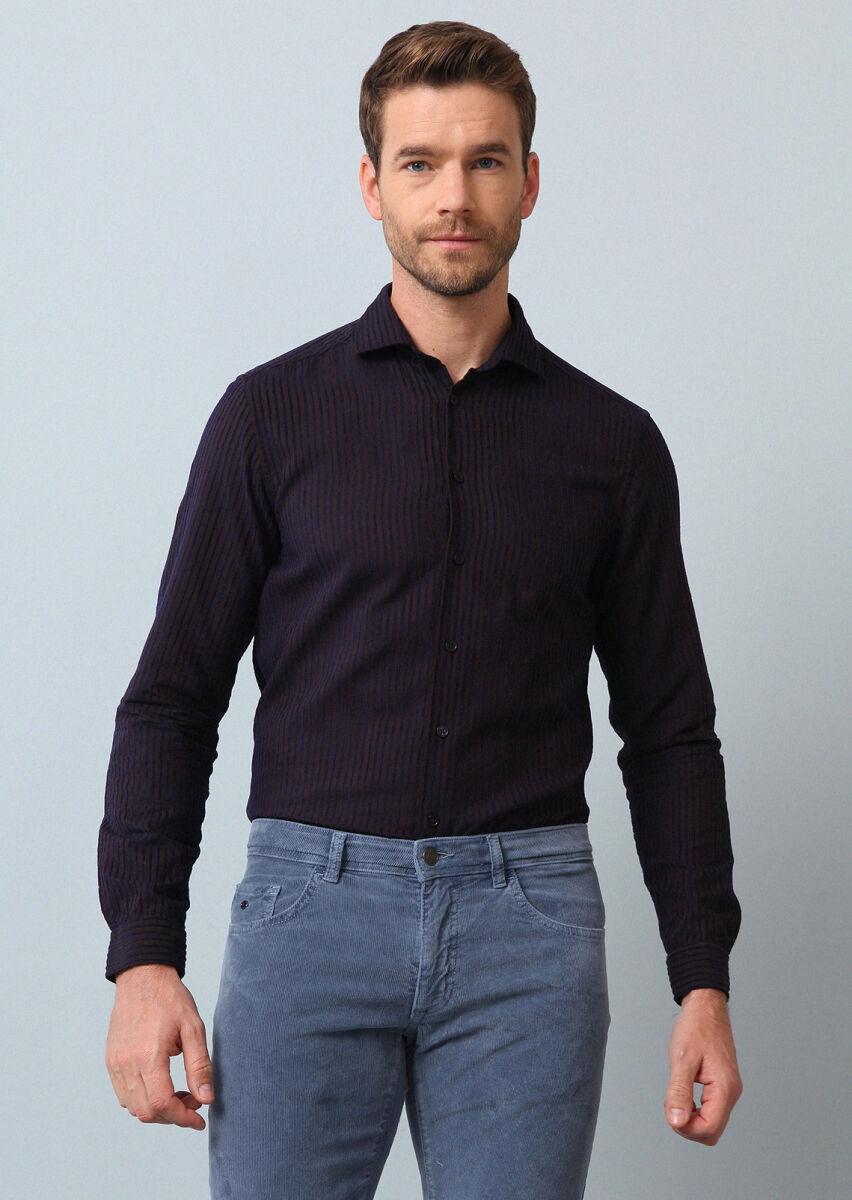 Brown Striped Regular Fit Weaving Casual 100% Cotton Shirt - 2