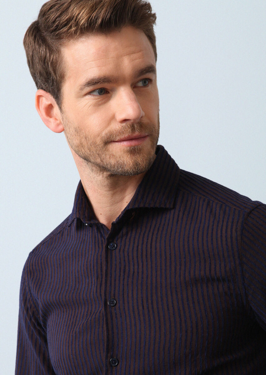 Brown Striped Regular Fit Weaving Casual 100% Cotton Shirt - 3