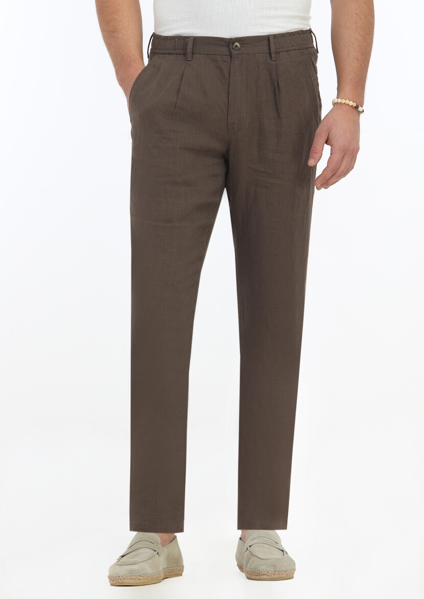 Brown Weaving Jogging Fit Casual 100% Linen Trousers 