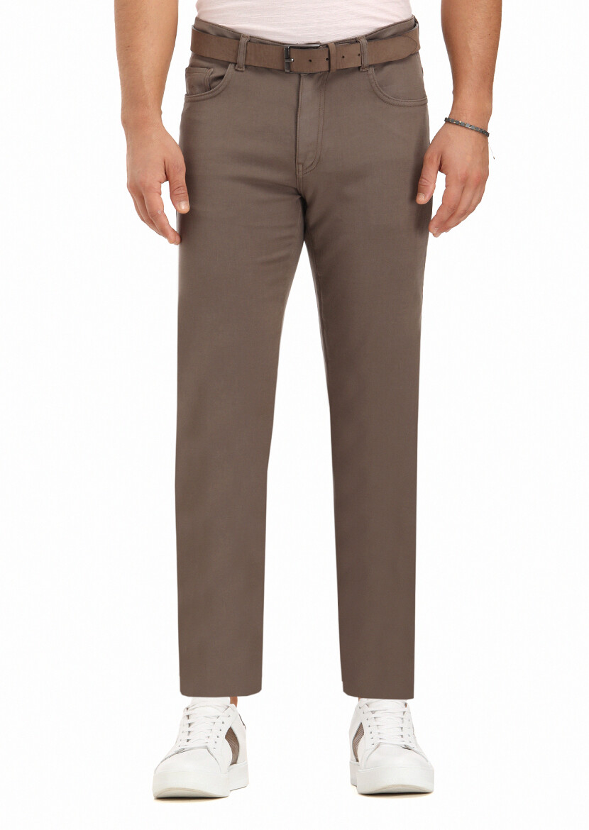 Brown Weaving Slim Fit Casual Cotton Blended Trousers 