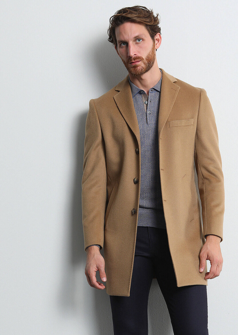 Buff Regular Fit Butterfly Collar Classical Weaving Overcoat - RAMSEY