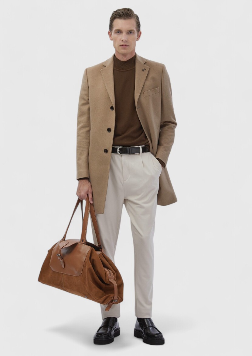 Buff Regular Fit Butterfly Collar Classical Weaving Overcoat - RAMSEY