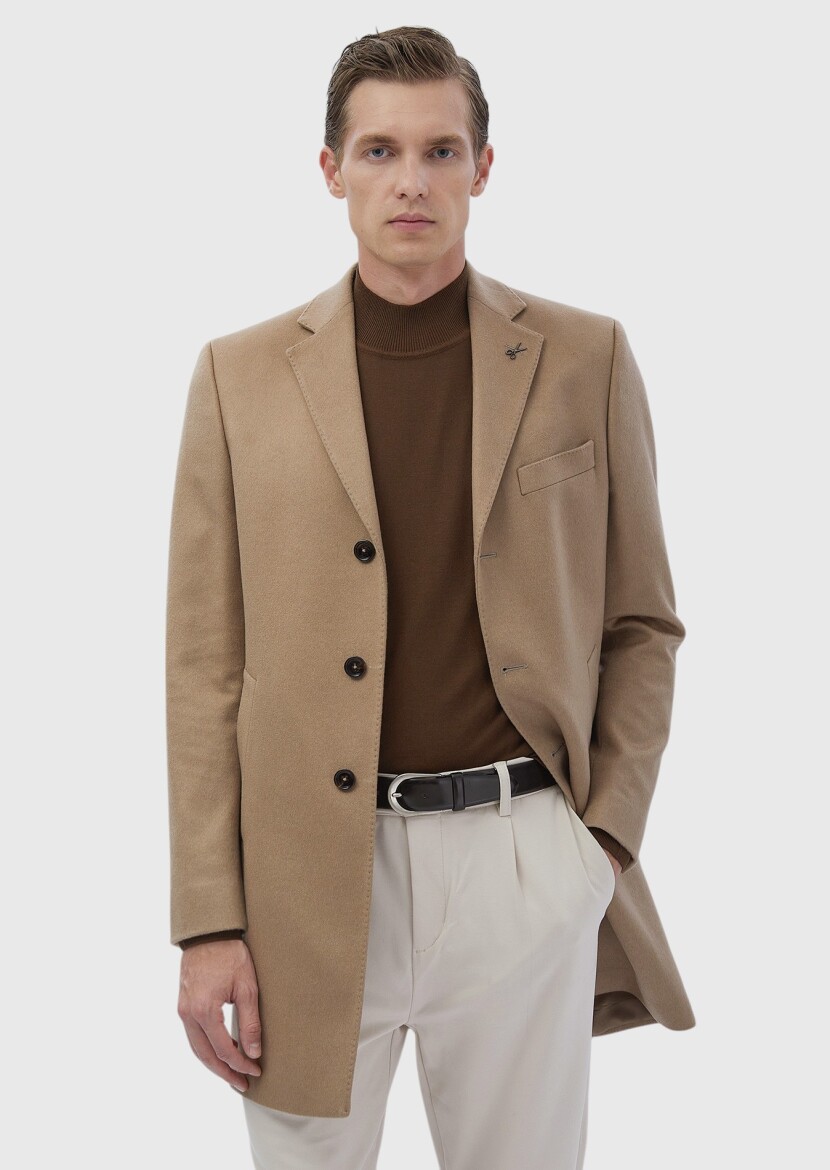 Buff Regular Fit Butterfly Collar Classical Weaving Overcoat - RAMSEY