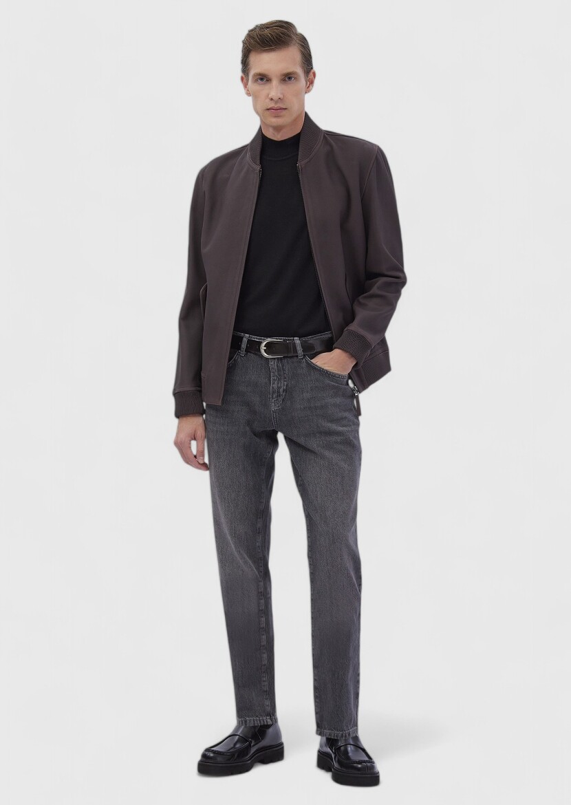 Burgundy Regular Fit Turtleneck Casual Leather Leather Coat - RAMSEY