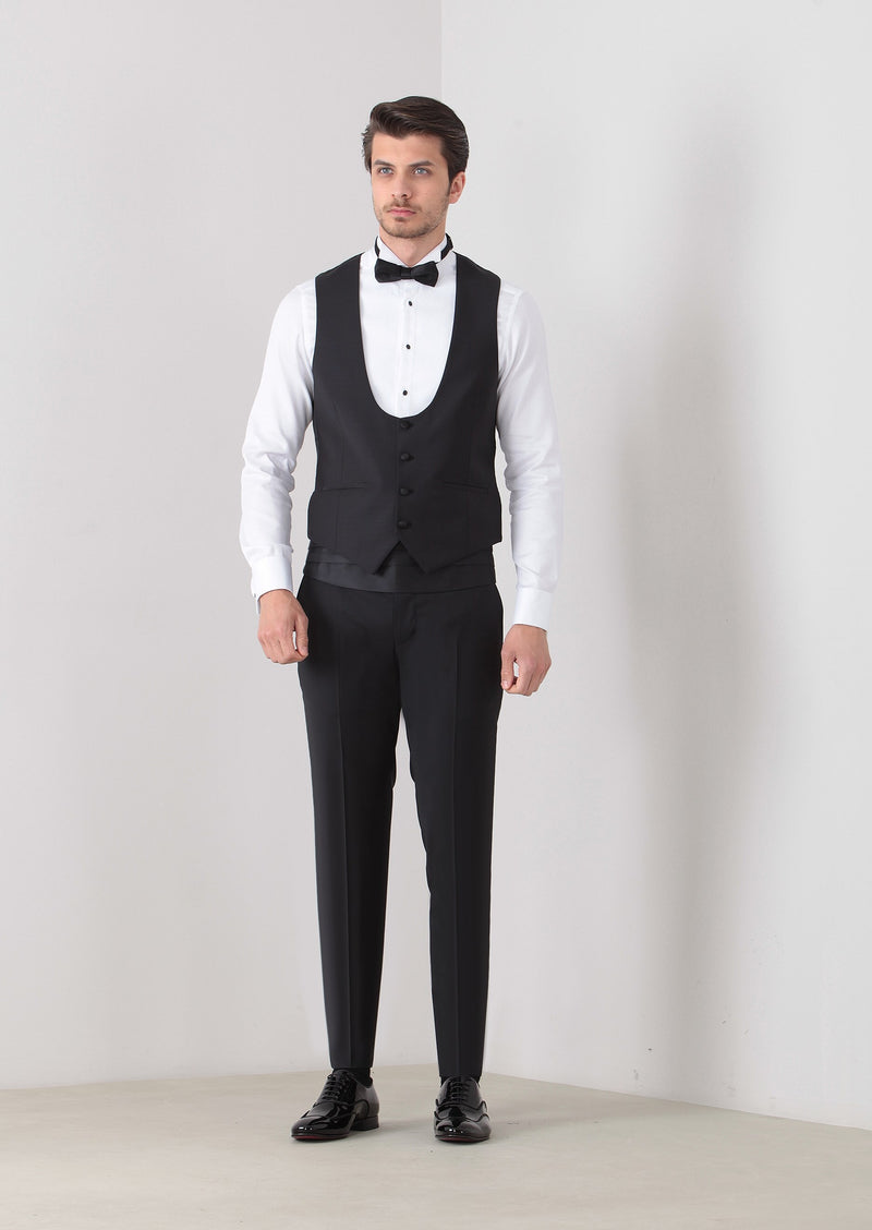 Siyah Slim Fit Kelebek Yaka Klasik Yelek