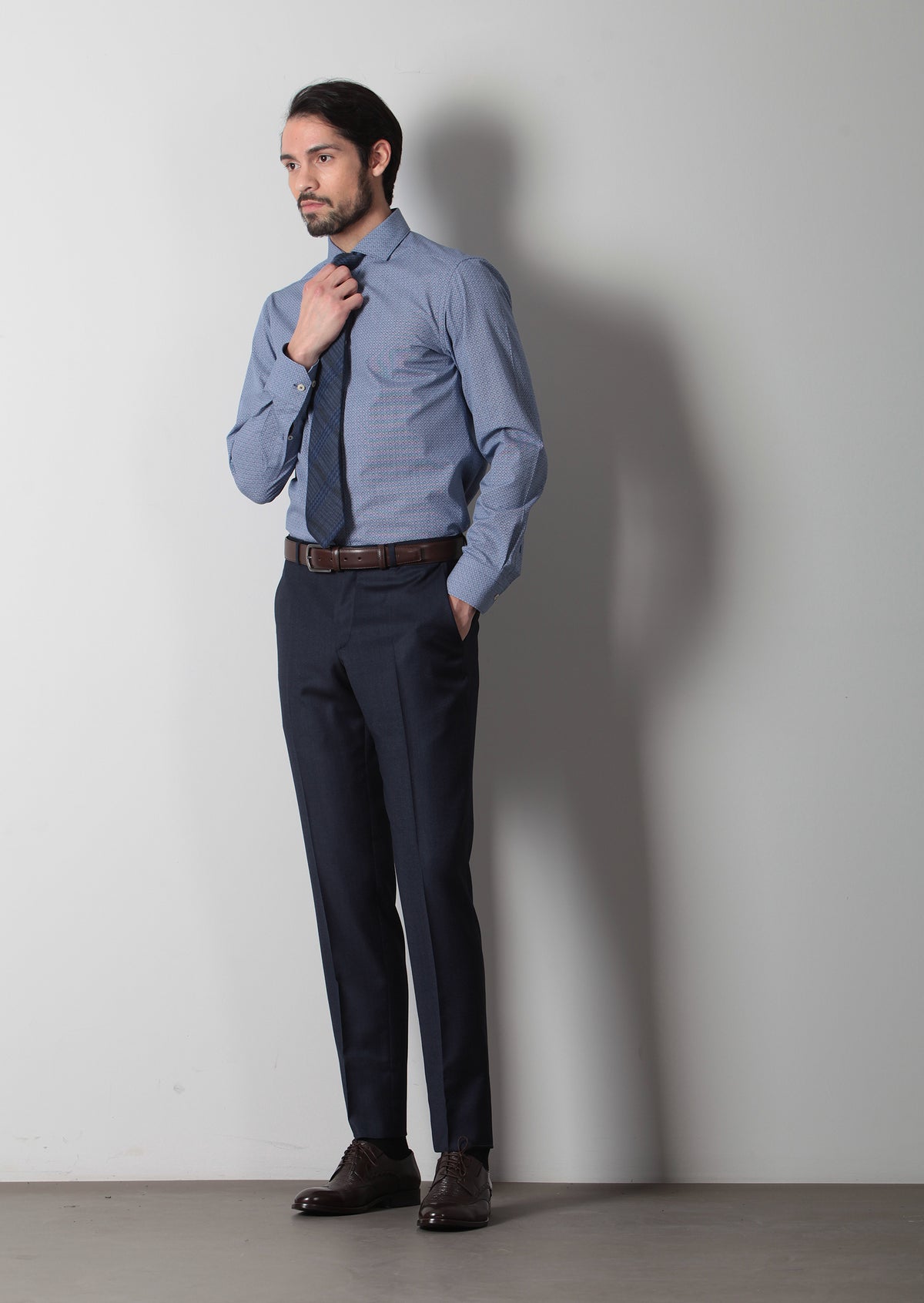 Lacivert Baskılı Slim Fit Uzun Dokuma Klasik %100 Pamuk Gömlek