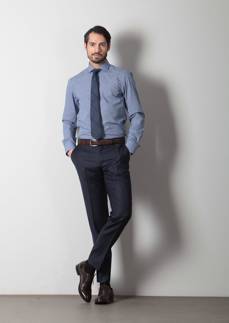 Lacivert Baskılı Slim Fit Uzun Dokuma Klasik %100 Pamuk Gömlek