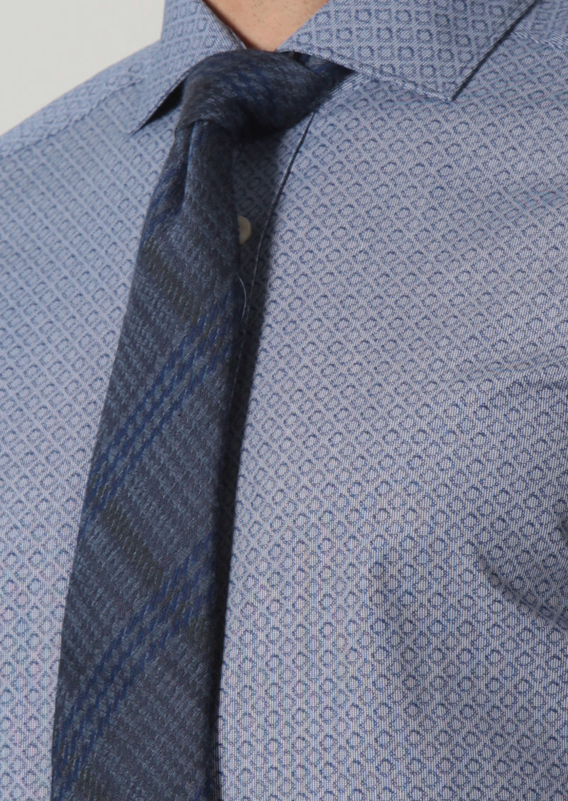 Lacivert Baskılı Slim Fit Uzun Dokuma Klasik %100 Pamuk Gömlek