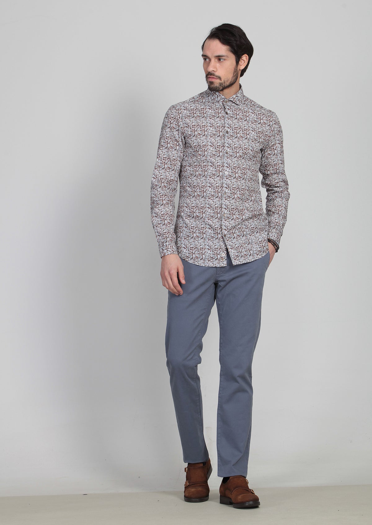 Turuncu Baskılı Slim Fit Uzun Dokuma Casual %100 Pamuk Gömlek