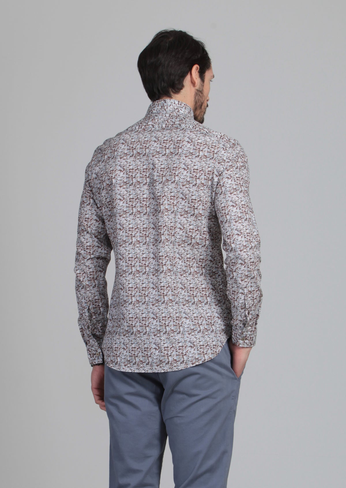 Turuncu Baskılı Slim Fit Uzun Dokuma Casual %100 Pamuk Gömlek