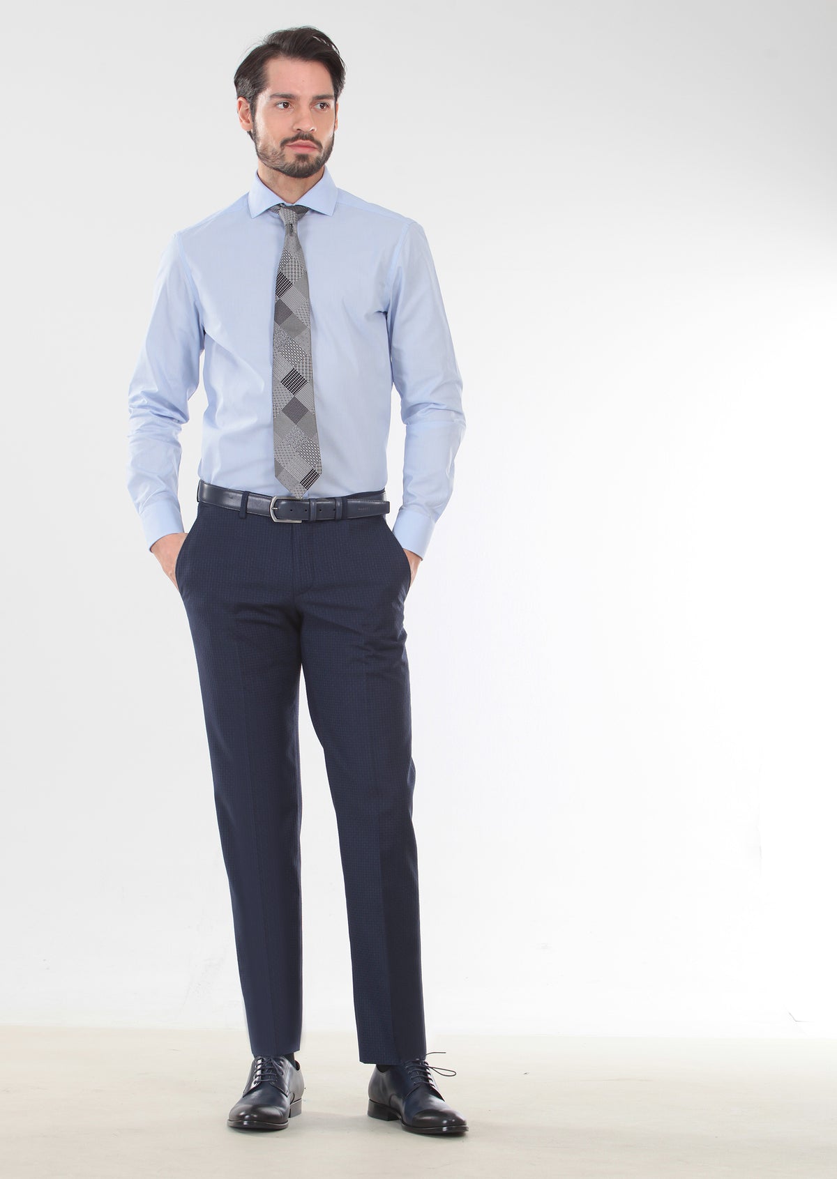 Blue Patterned Slim Fit Long Weaving Classical 100% Cotton Shirt