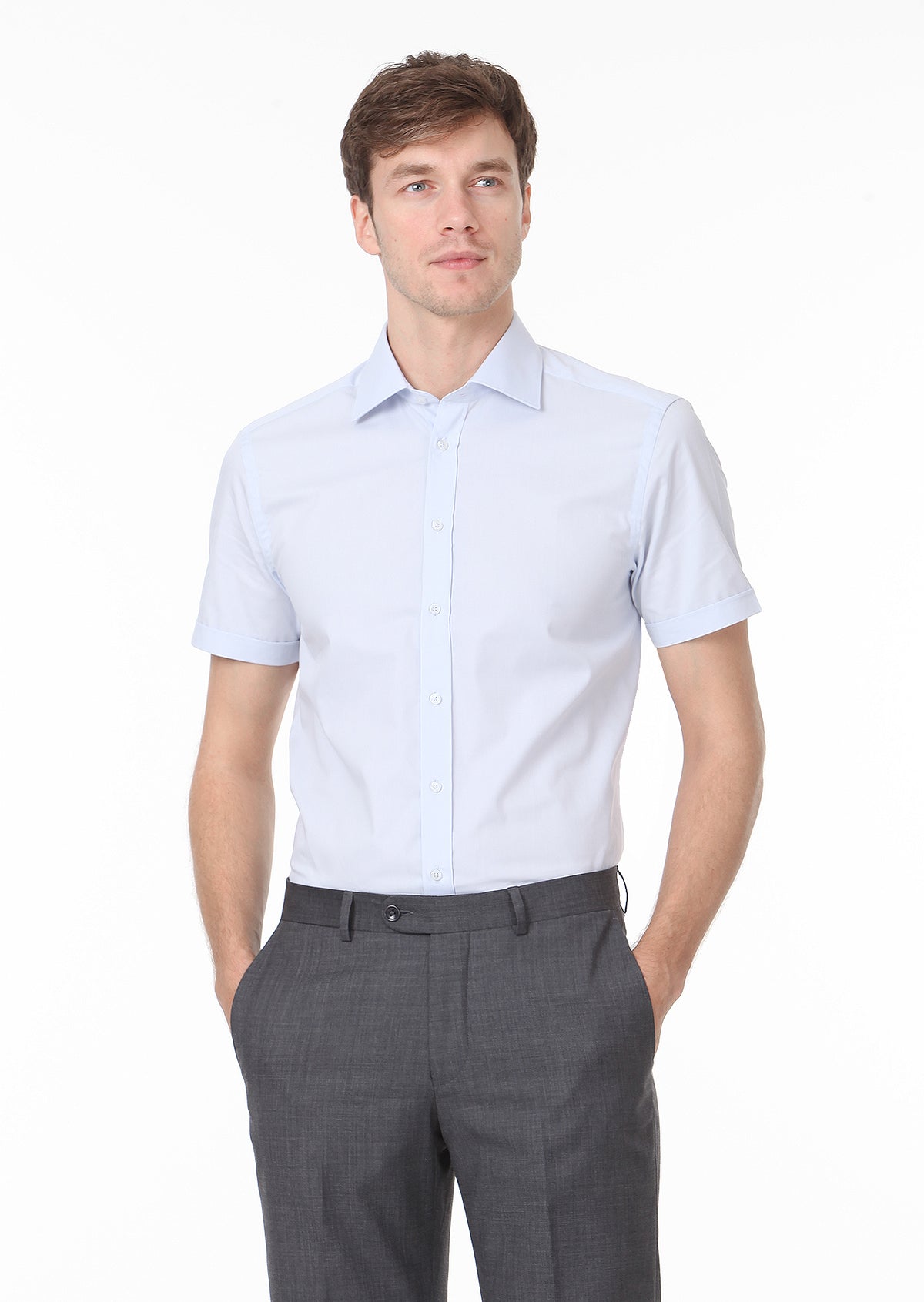 Light Blue Plain Regular Fit Short Weaving Classical Cotton Blended Shirt