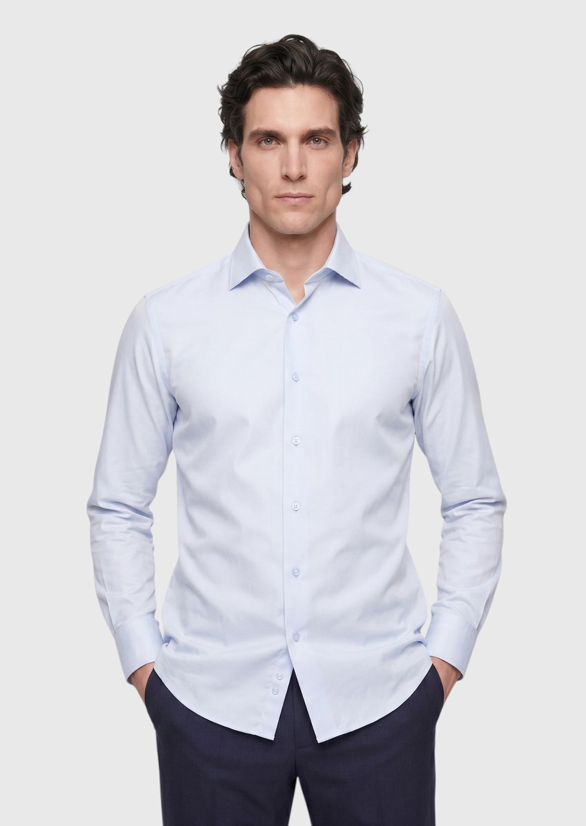 Açık Mavi Düz Slim Fit Uzun Dokuma Klasik Pamuk Karışımlı Gömlek
