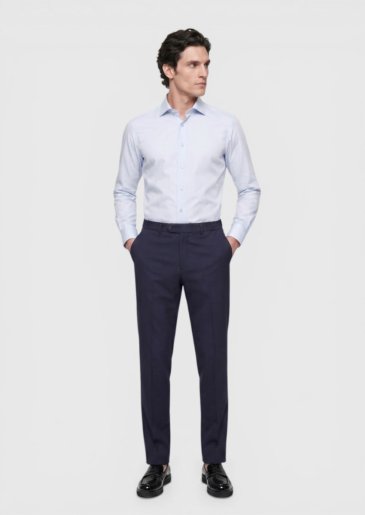 Açık Mavi Düz Slim Fit Uzun Dokuma Klasik Pamuk Karışımlı Gömlek