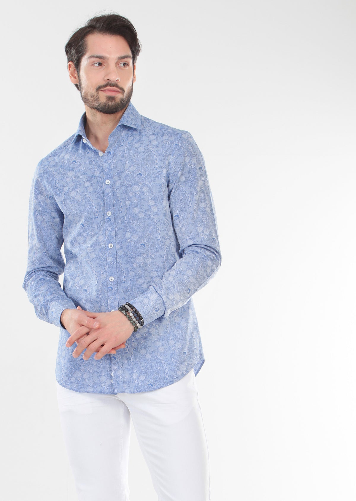 Lacivert Desenli Slim Fit Uzun Dokuma Klasik %100 Pamuk Gömlek