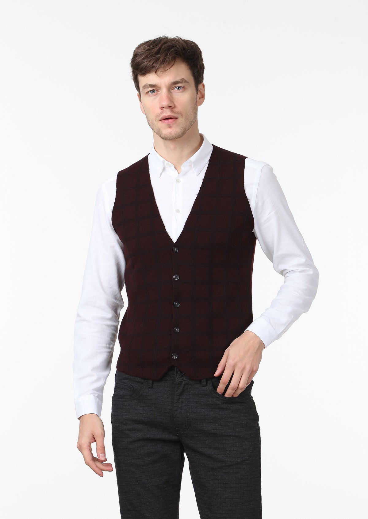 Bordo Regular Fit Casual Örme Triko Yelek