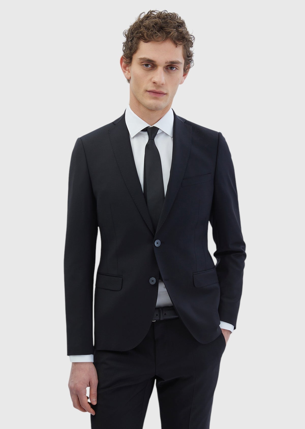 Siyah Düz Fashion Slim Fit Yün Karışımlı Takım Elbise