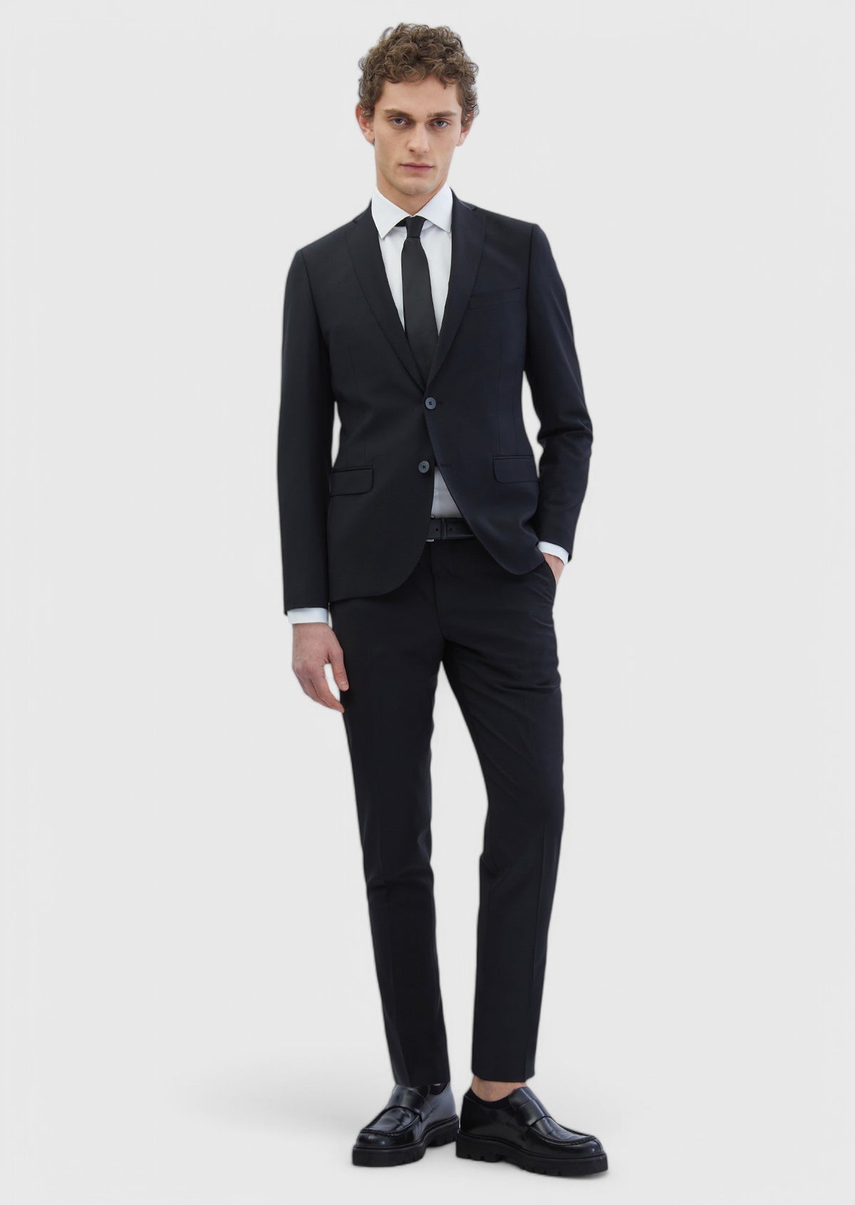 Siyah Düz Fashion Slim Fit Yün Karışımlı Takım Elbise