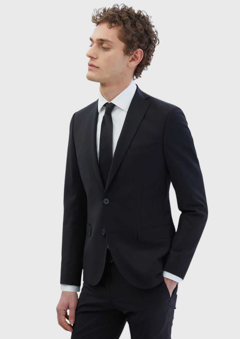 Siyah Düz Fashion Slim Fit Yün Karışımlı Takım Elbise