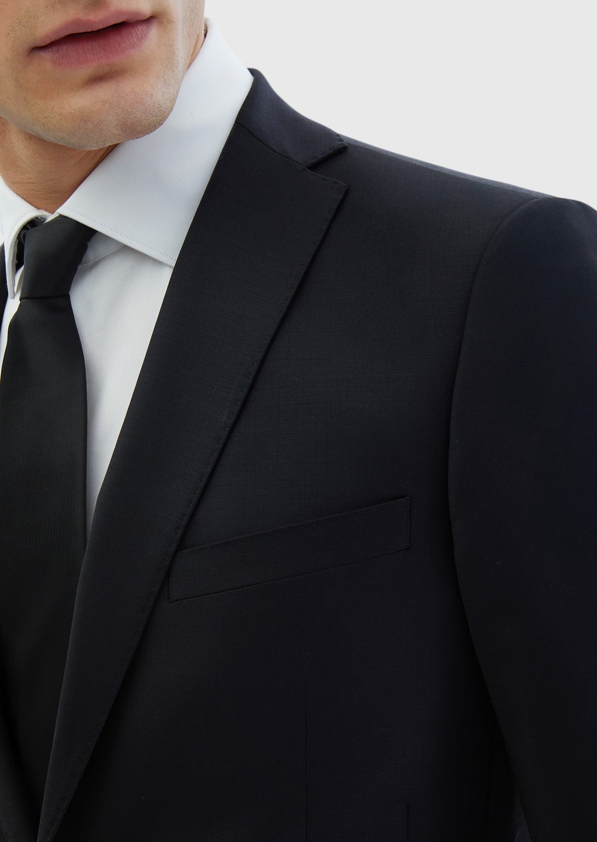 Siyah Düz Fashion Slim Fit Yün Karışımlı Takım Elbise