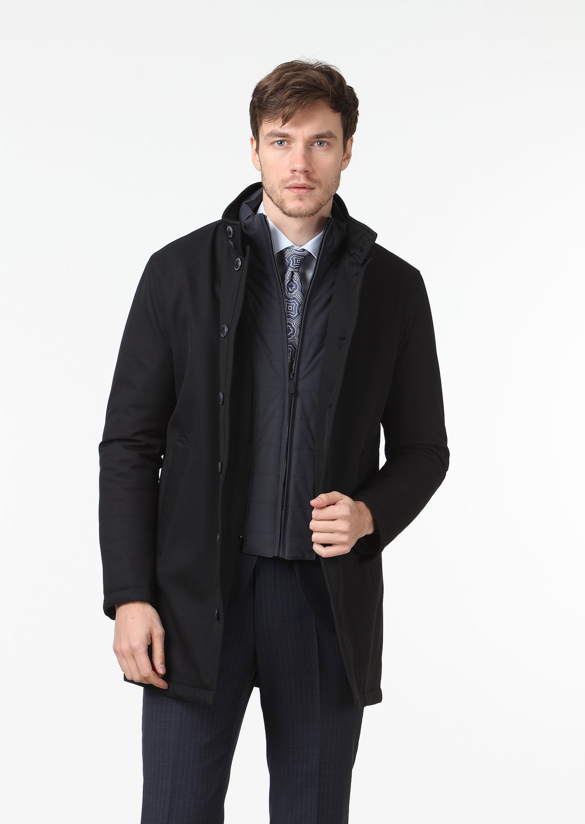 Black Regular Fit Butterfly Collar Weaving Coat
