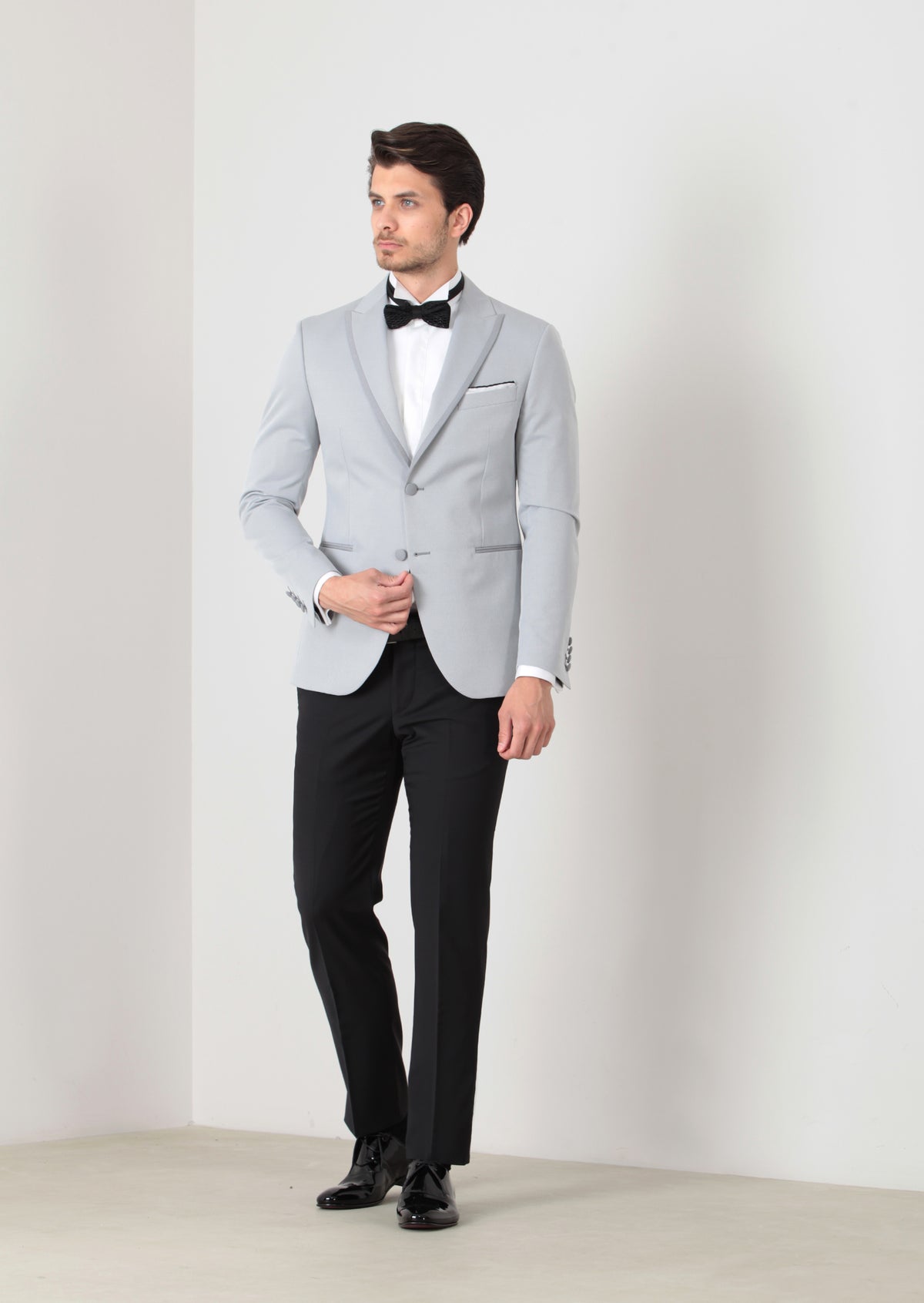 Açık Gri Düz Modern Fit Yün Karışımlı Smokin Ceket