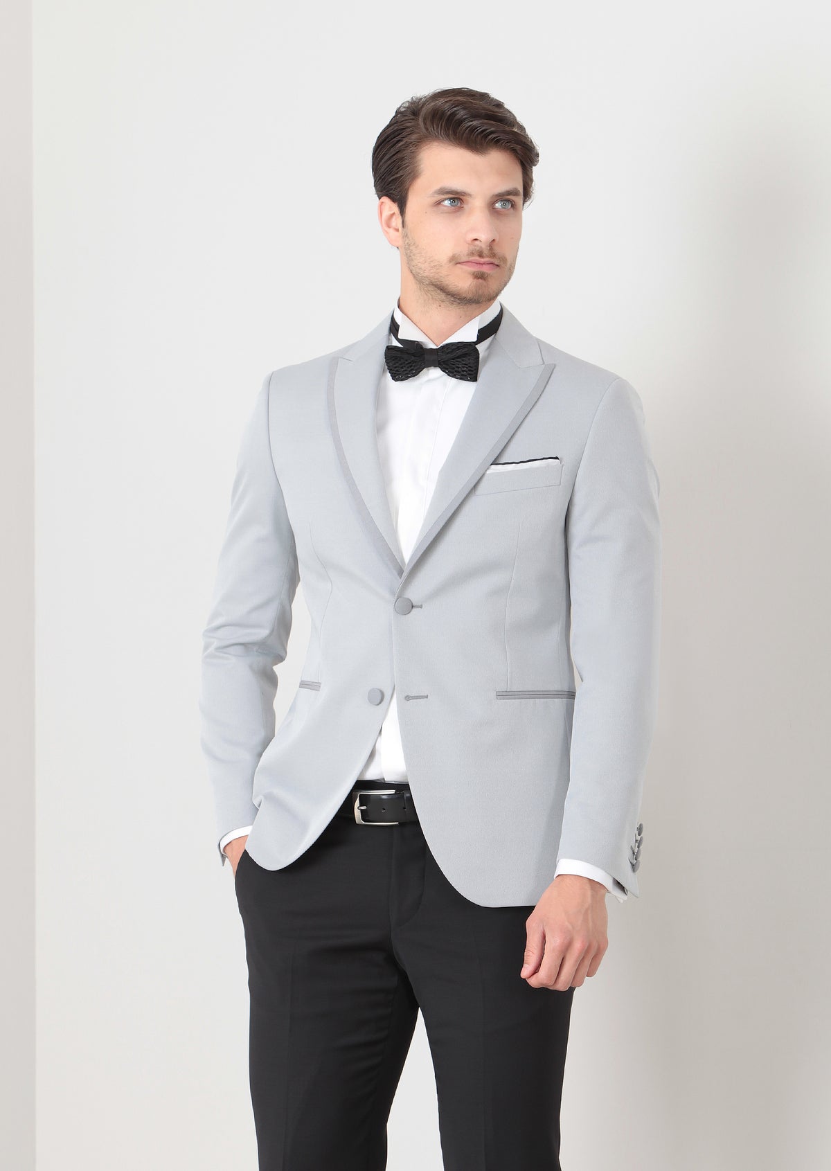 Açık Gri Düz Modern Fit Yün Karışımlı Smokin Ceket