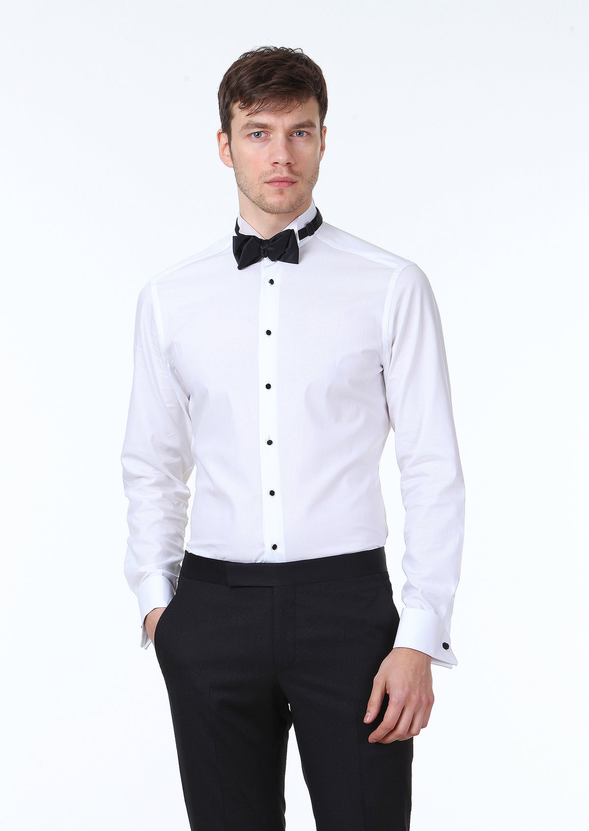 White Patterned Fitted Fit Double Cuff Wing Collar Tuxedo Shirts