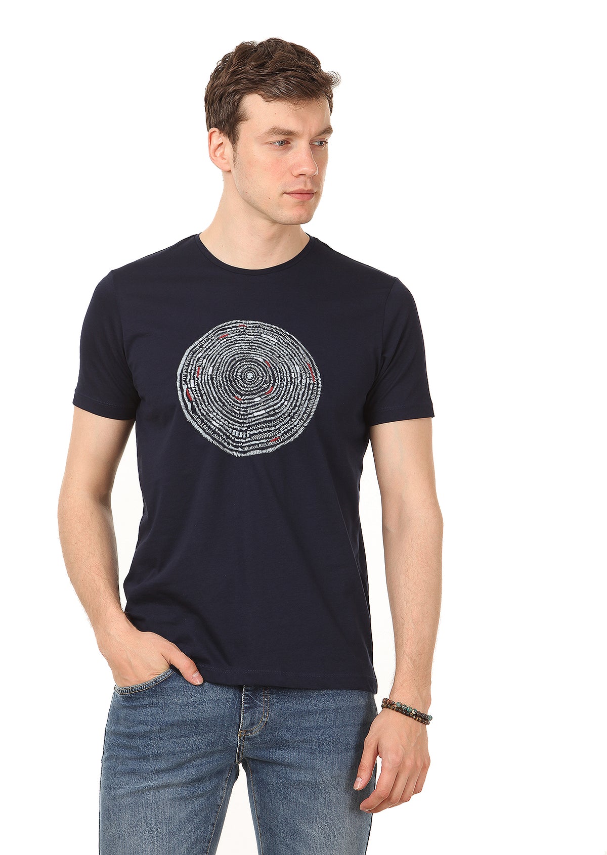 Koyu İndigo Baskılı %100 Pamuk T-Shirt
