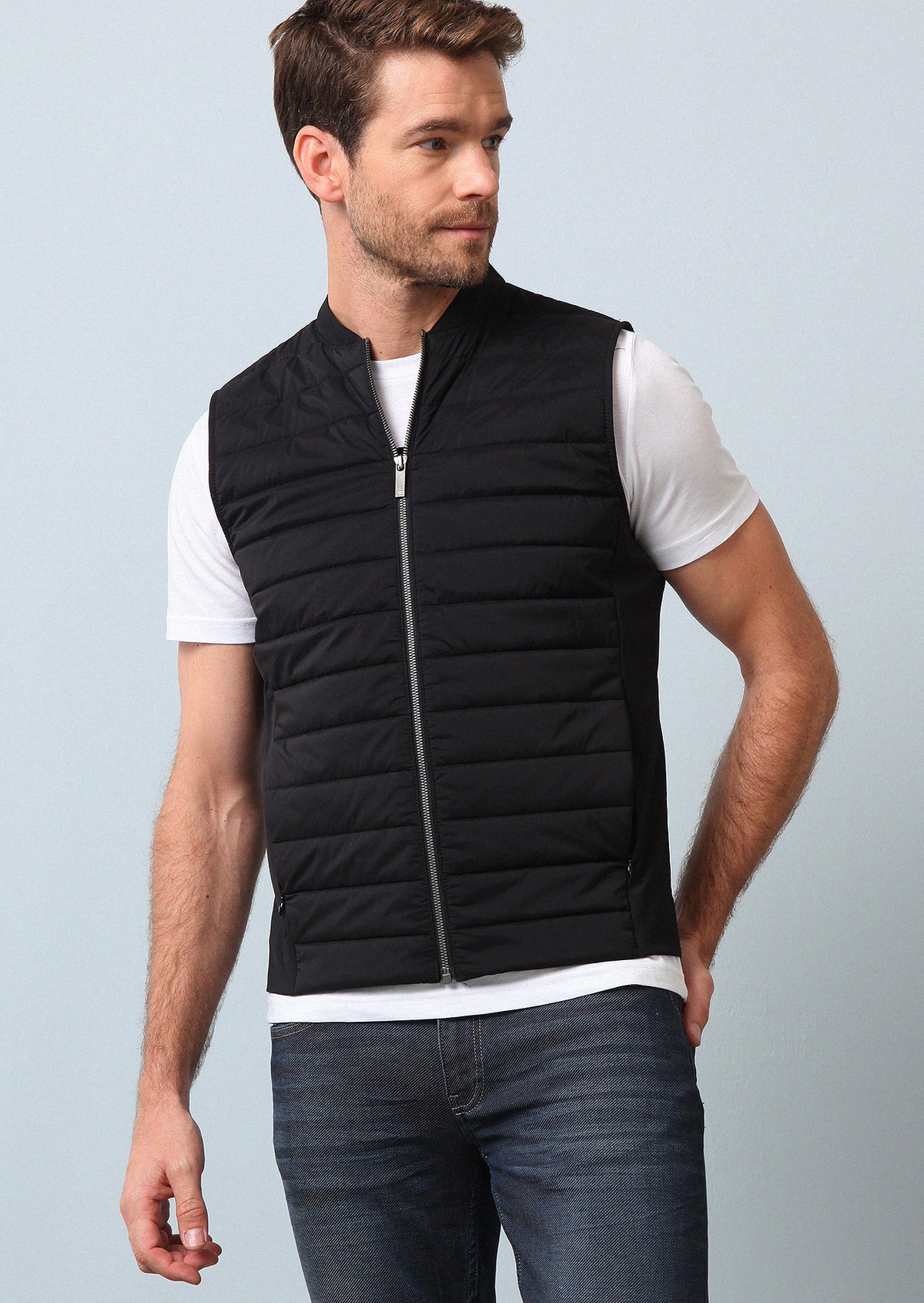 Black Regular Fit Turtleneck Weaving Puffer Vest