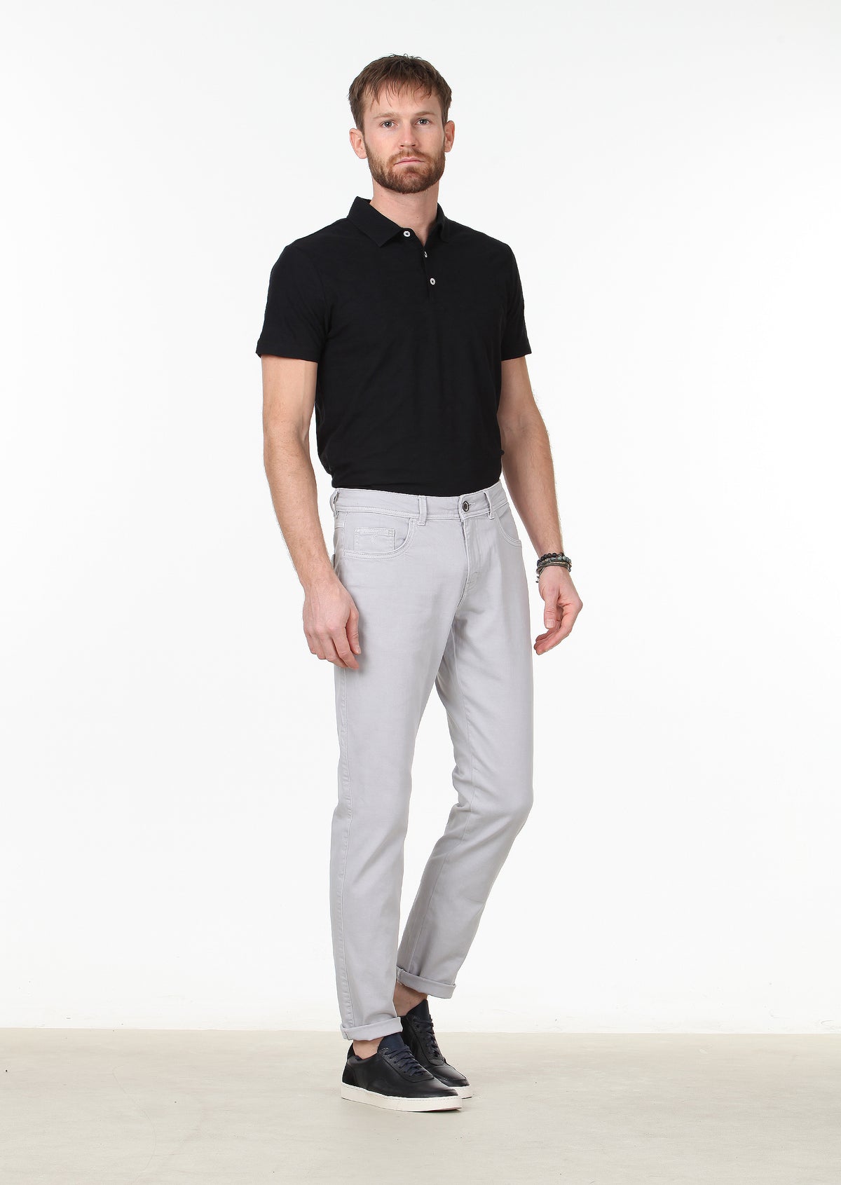 Grey Weaving Slim Fit Casual Cotton Blended Trousers