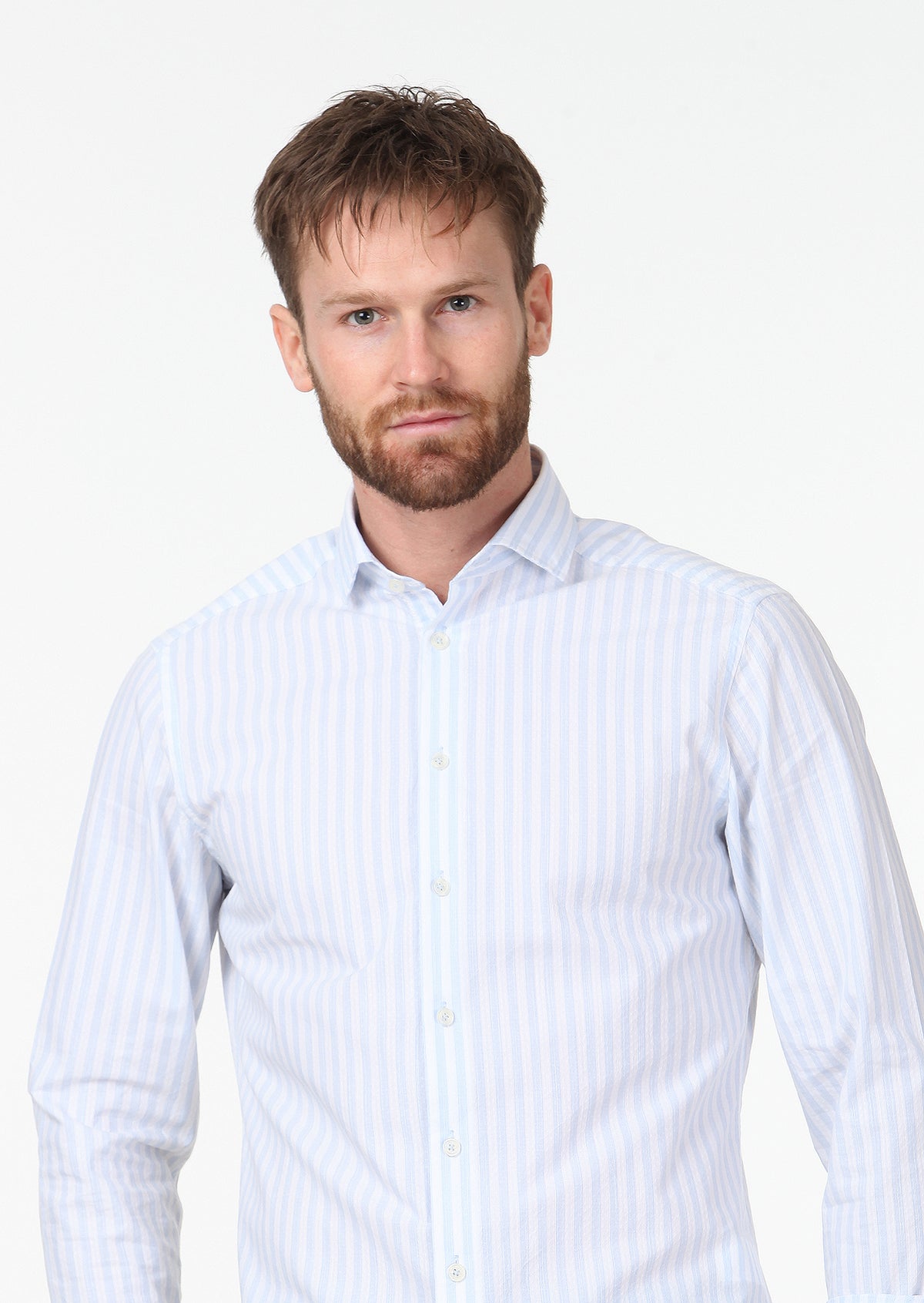 Mavi Çizgili Slim Fit Uzun Dokuma Casual %100 Pamuk Gömlek