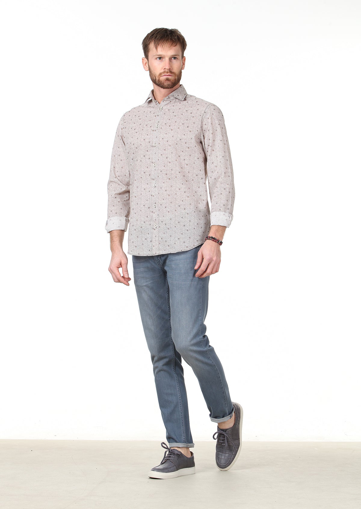 Kahverengi Baskılı Regular Fit Uzun Dokuma Casual %100 Pamuk Gömlek
